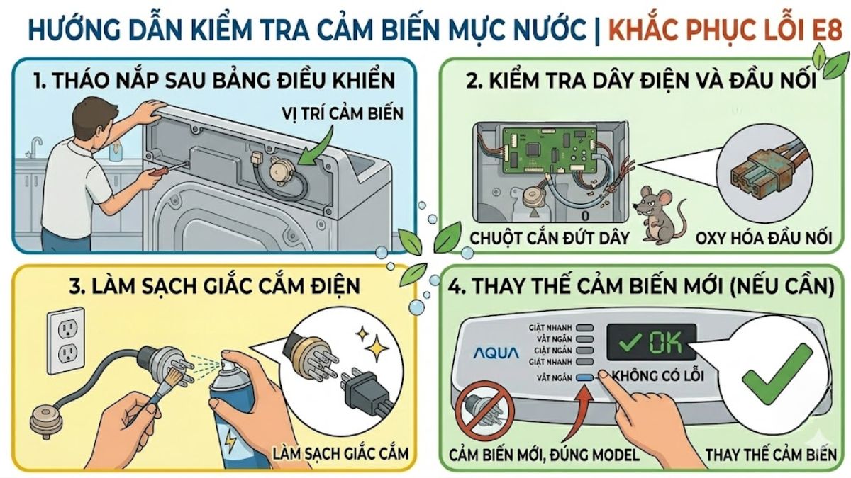 Cách kiểm tra và sửa lỗi E8 máy giặt Aqua tại nhà - kiểm tra cảm biến mực nước