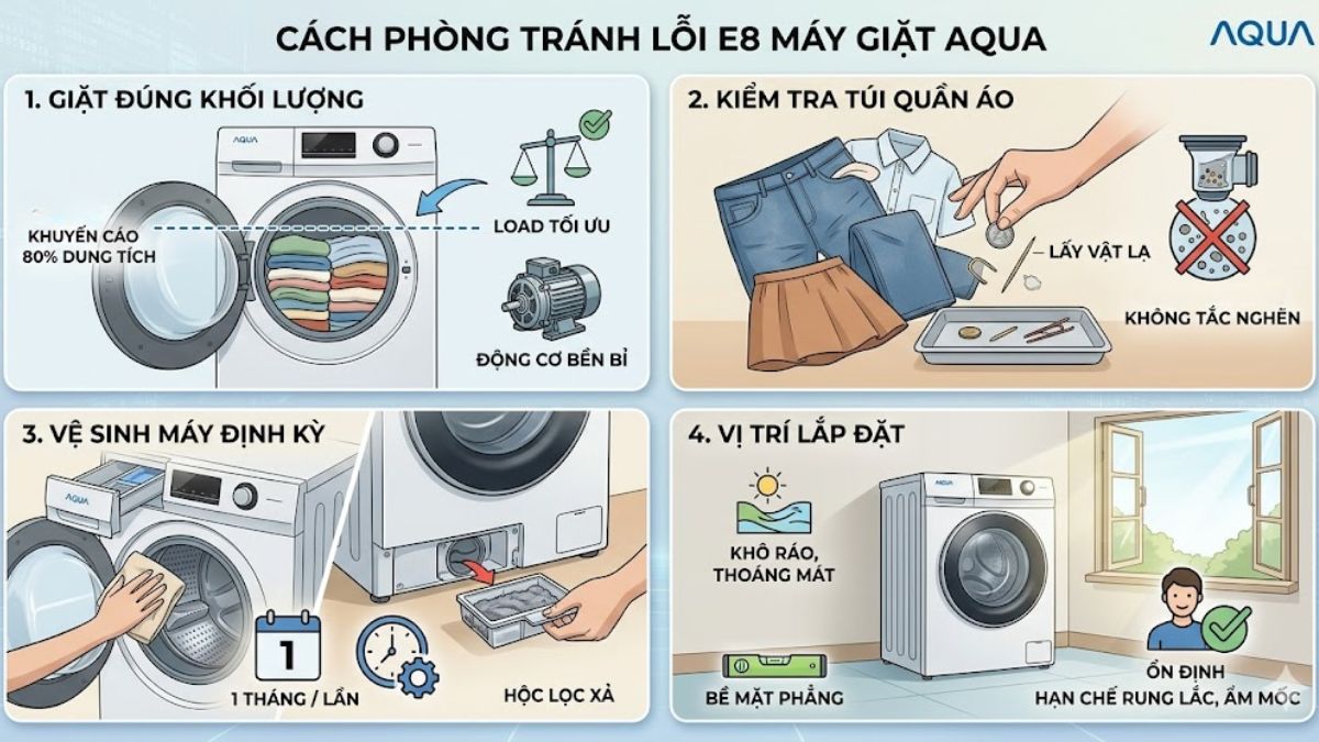 Cách phòng tránh lỗi E8 máy giặt Aqua