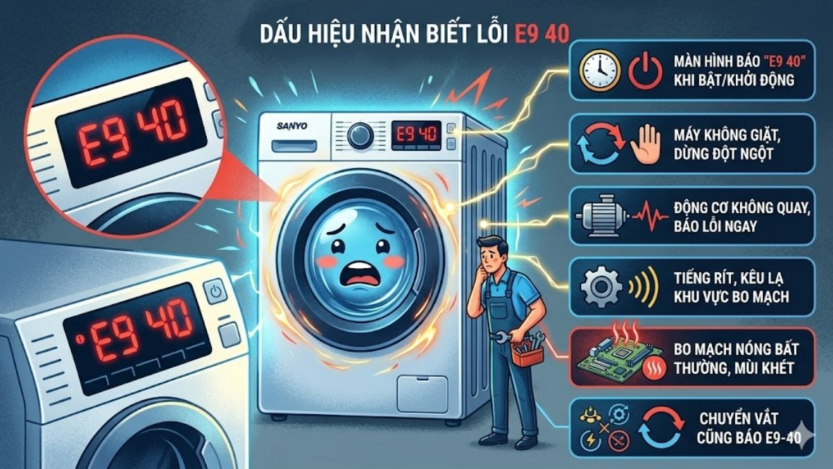 dấu hiệu nhận biết lỗi e9 40 máy giặt sanyo