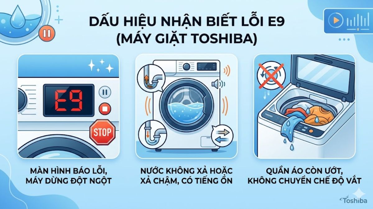 dấu hiệu nhận biết lỗi e9 máy giặt toshiba