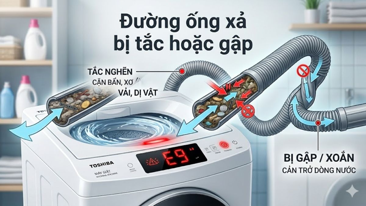 Nguyên nhân gây lỗi E9 máy giặt Toshiba - đường ống xả bị tắc 