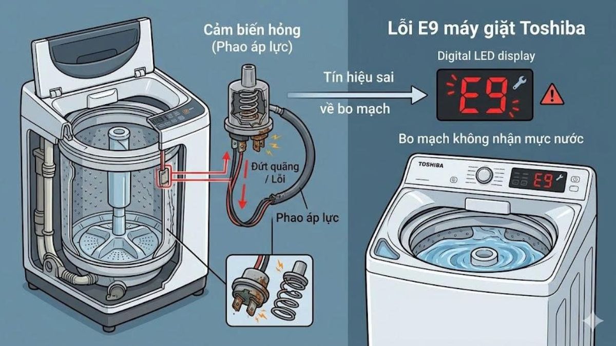 Nguyên nhân gây lỗi E9 máy giặt Toshiba - cảm biến mực nước gặp vấn đề