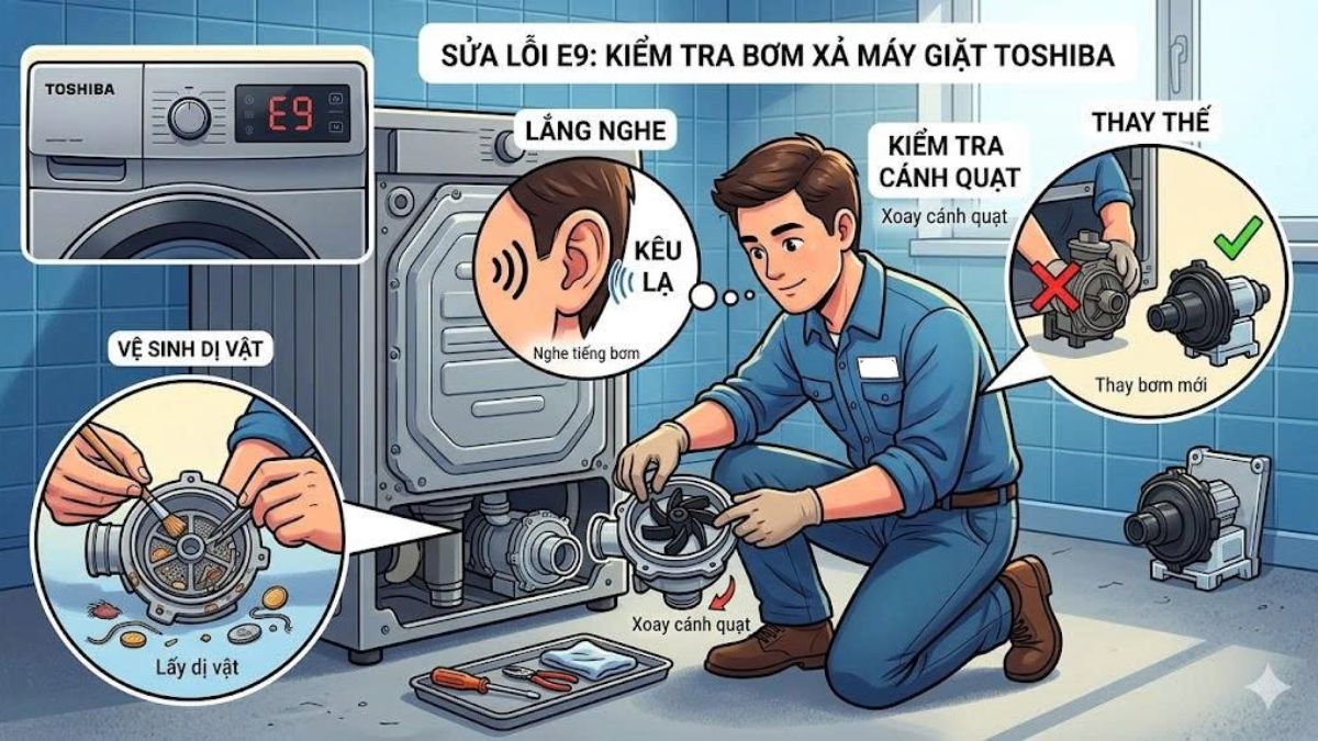 Cách kiểm tra và sửa lỗi E9 tại nhà - kiểm tra bơm xả