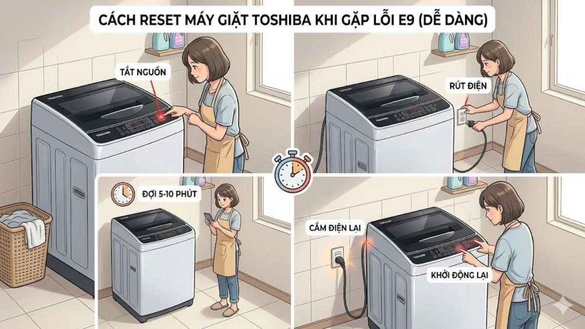Cách kiểm tra và sửa lỗi E9 tại nhà - reset máy giặt
