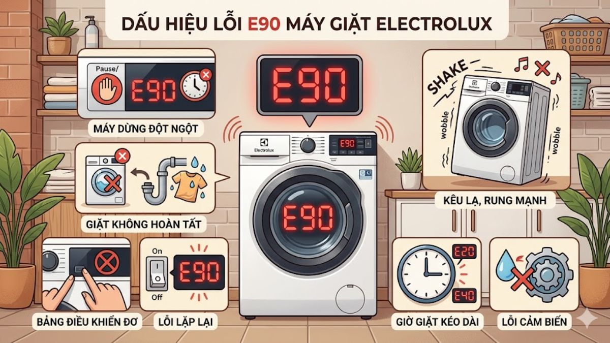 dấu hiệu nhận biết lỗi e90 máy giặt electrolux