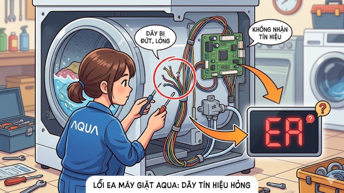Nguyên nhân gây lỗi EA máy giặt Aqua - đứt hoặc lỏng dây tín hiệu