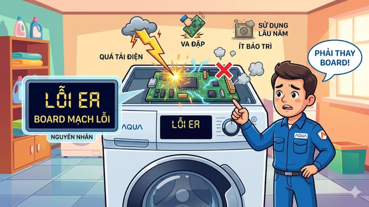 Nguyên nhân gây lỗi EA máy giặt Aqua - board mạch điều khiển bị lỗi