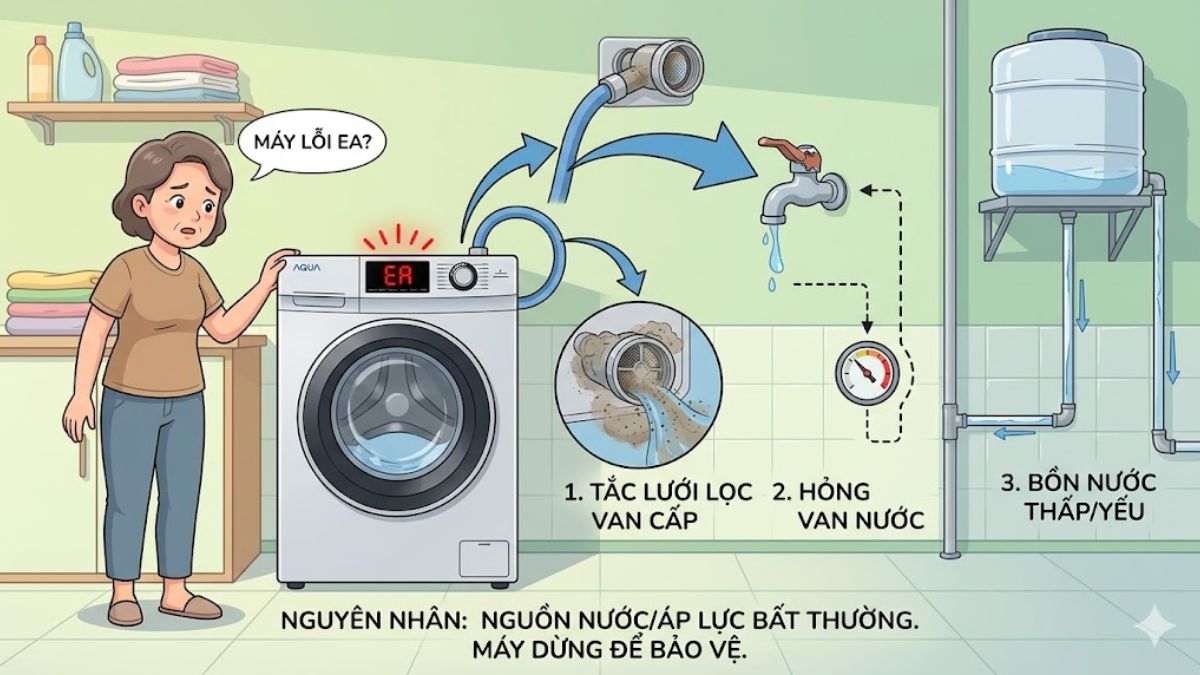 Nguyên nhân gây lỗi EA máy giặt Aqua - nguồn nước hoặc áp lực nước bất thường