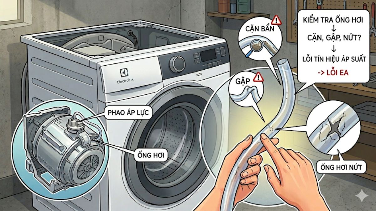 Nguyên nhân gây ra lỗi EA máy giặt Electrolux - kiểm tra ống hơi phao áp lực