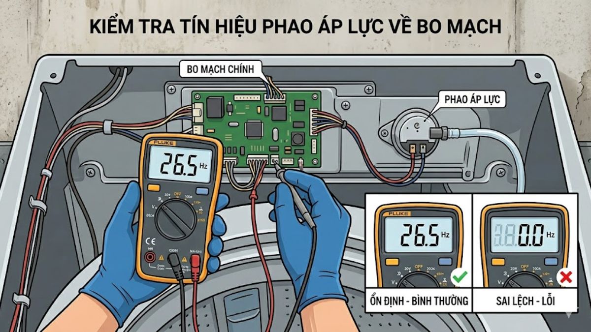 Nguyên nhân gây ra lỗi EA máy giặt Electrolux - kiểm tra tín hiệu từ phao đến bo mạch