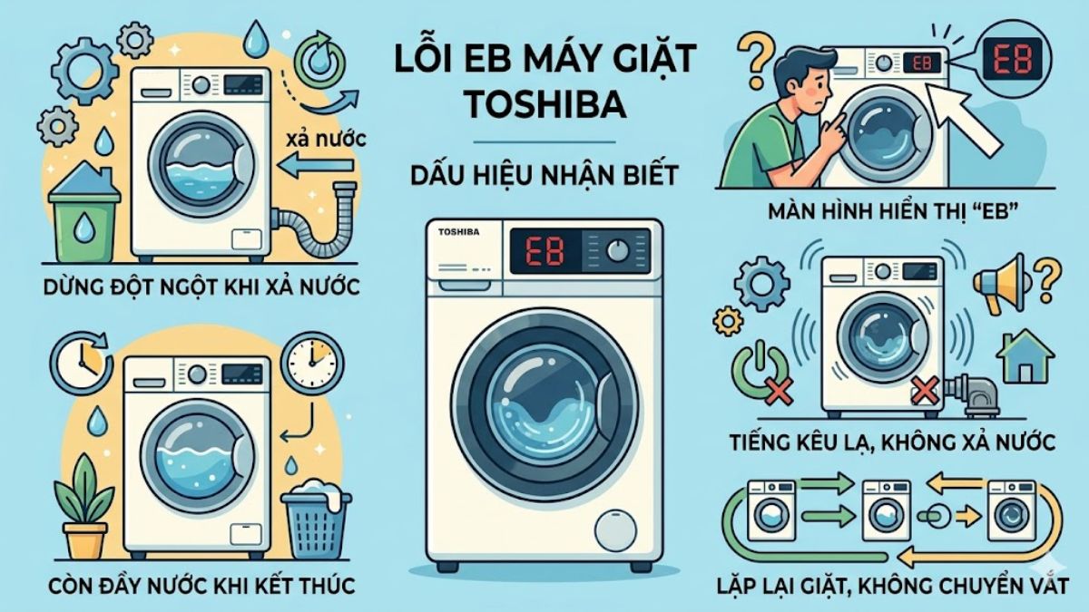 Dấu hiệu nhận biết lỗi EB trên máy giặt Toshiba