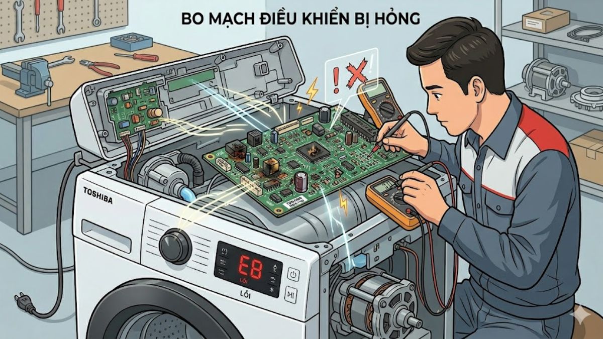 Nguyên nhân gây lỗi EB máy giặt Toshiba - lỗi bo mạch điều khiển