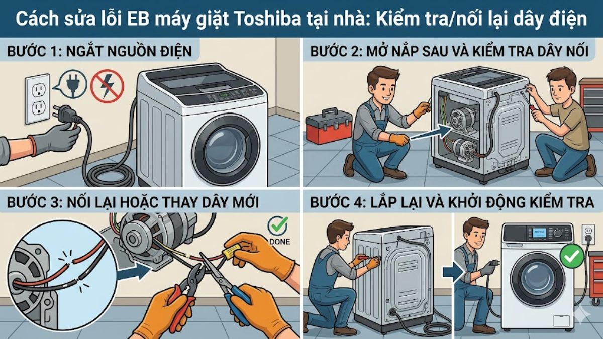 Cách sửa lỗi EB máy giặt Toshiba bằng cách kiểm tra/nối lại dây điện