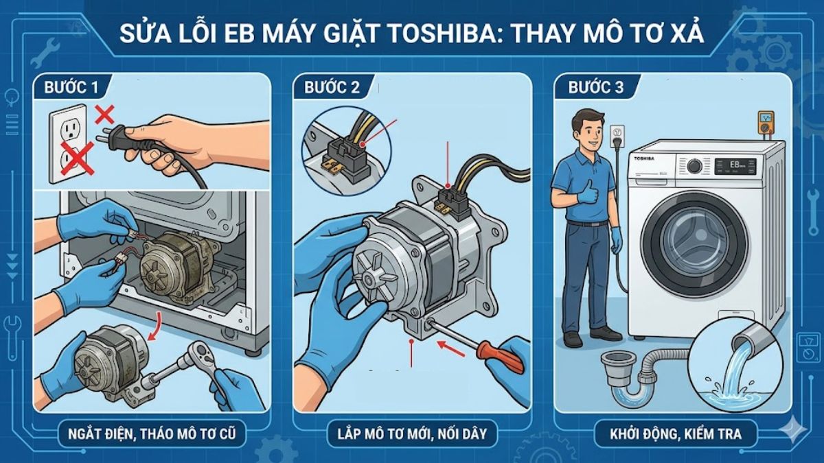 Cách sửa lỗi EB máy giặt Toshiba - thay mô tơ xả