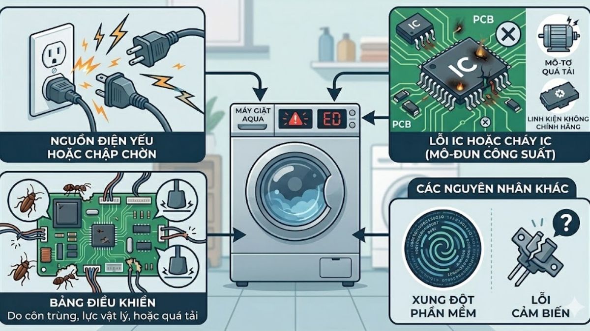 Nguyên nhân phổ biến gây lỗi ED máy giặt Aqua