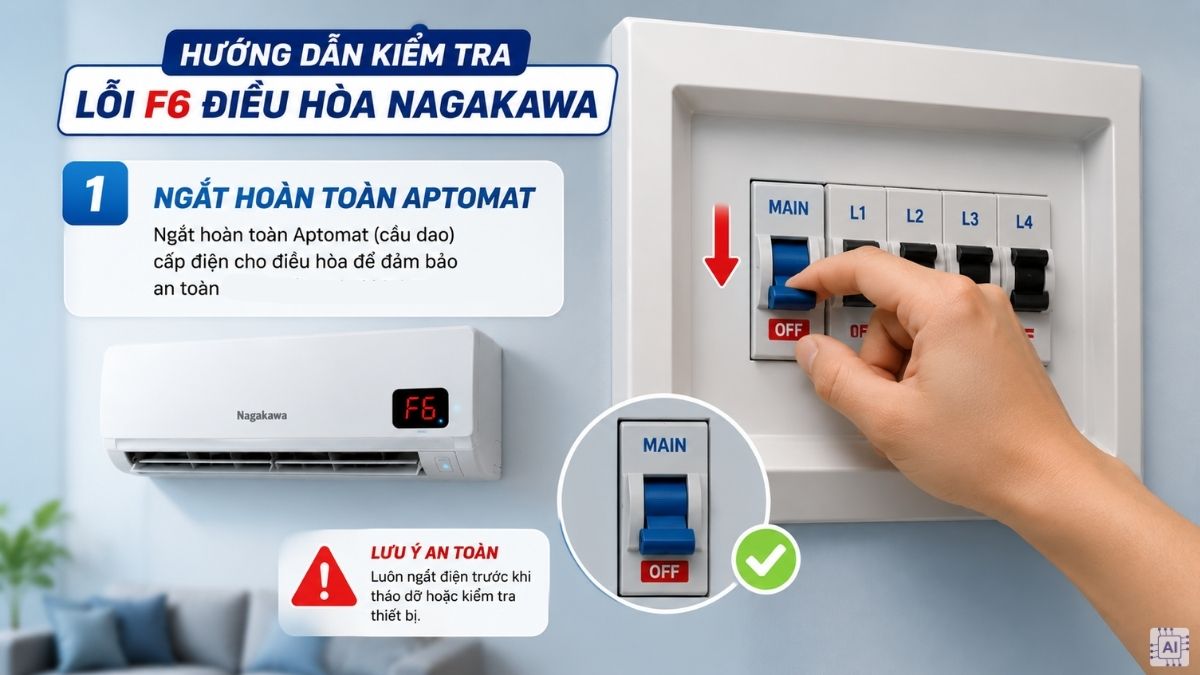 Hướng dẫn kiểm tra lỗi F6 điều hòa Nagakawa bước 1