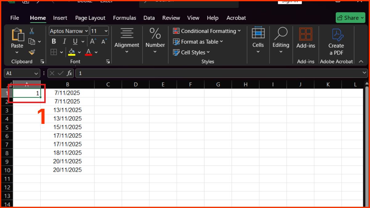 sửa lỗi không kéo được số thứ tự trong Excel bằng công cụ fill bước 1