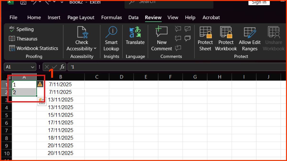sửa lỗi không kéo được số thứ tự trong Excel bằng chuyển text sang number bước 1
