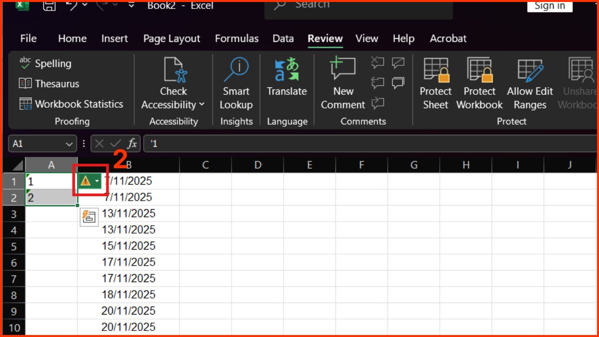 sửa lỗi không kéo được số thứ tự trong Excel bằng chuyển text sang number bước 2