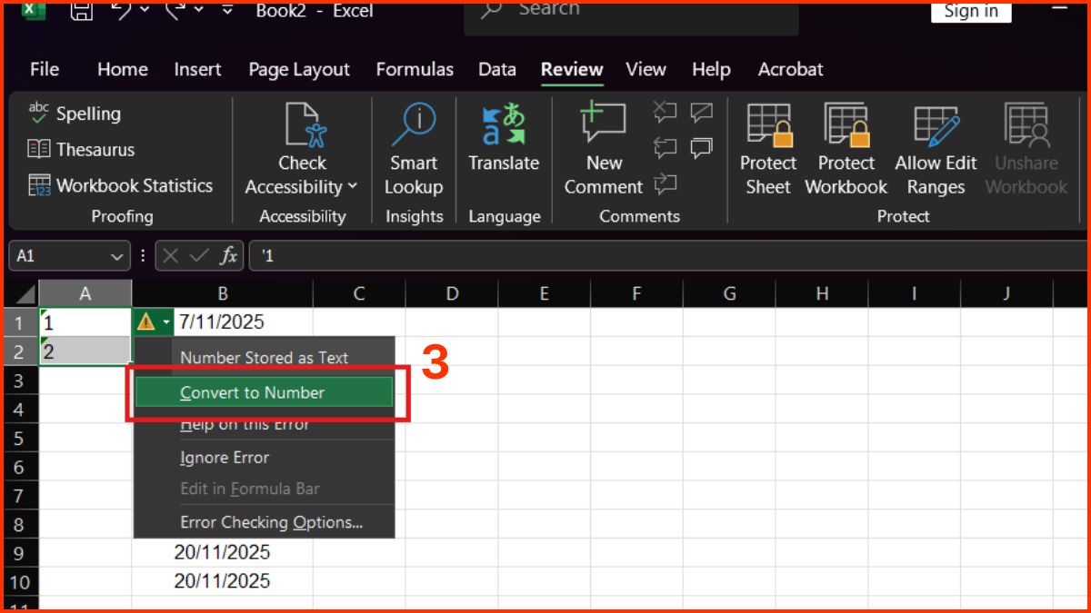 sửa lỗi không kéo được số thứ tự trong Excel bằng chuyển text sang number bước 3