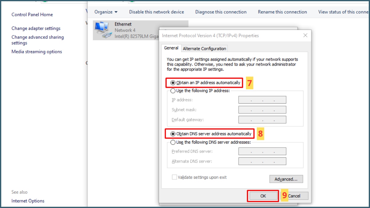 sửa lỗi Unidentified Network bằng cấp địa chỉ IP tự động bước 3 tiếp theo