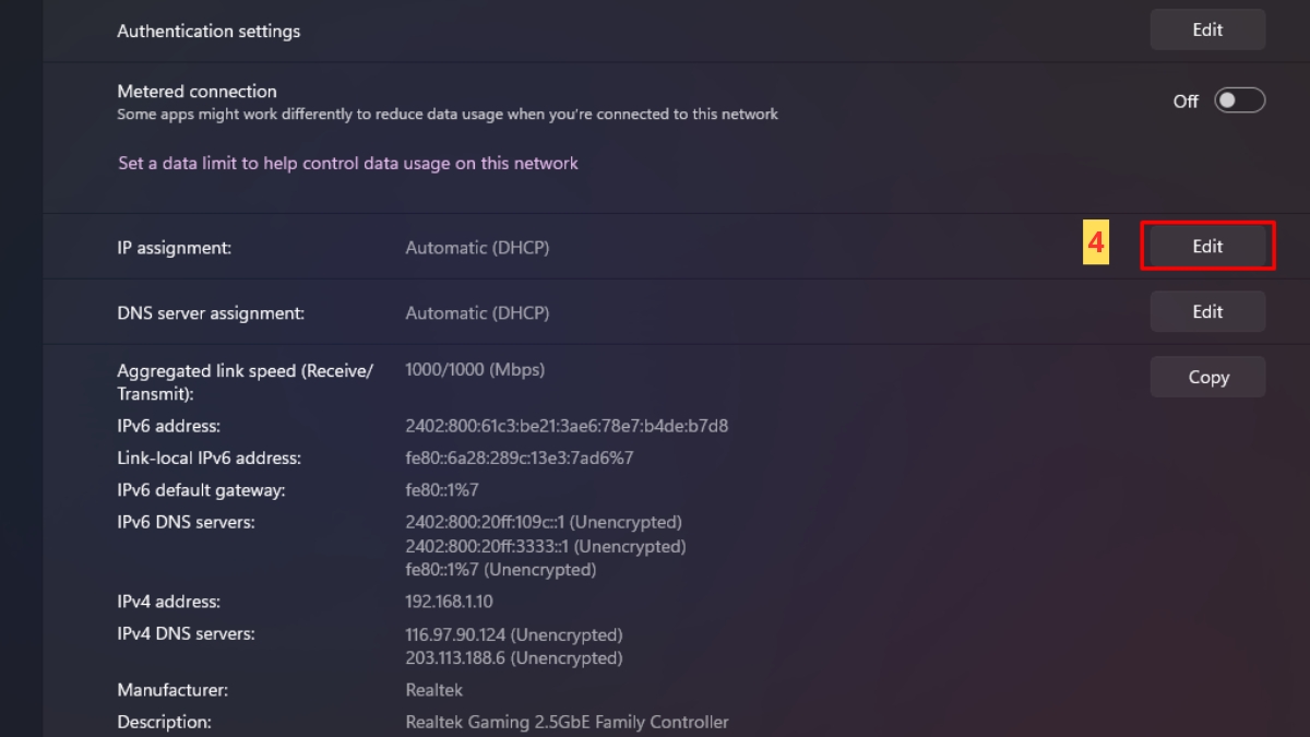 sửa lỗi Unidentified Network bằng cài đặt địa chĩ IP tĩnh bước 3