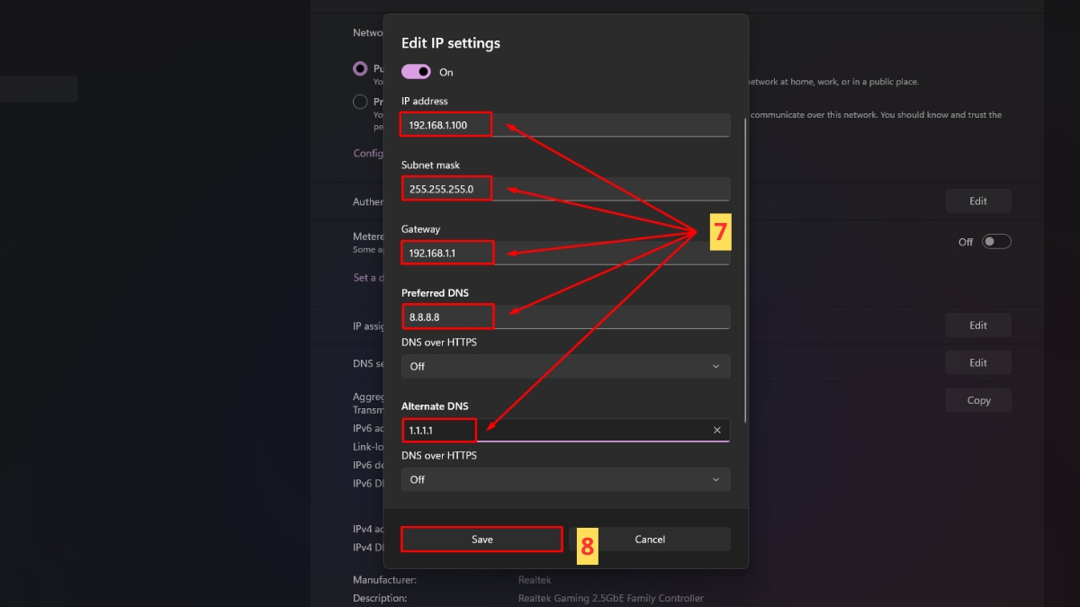 sửa lỗi Unidentified Network bằng cài đặt địa chĩ IP tĩnh bước 4