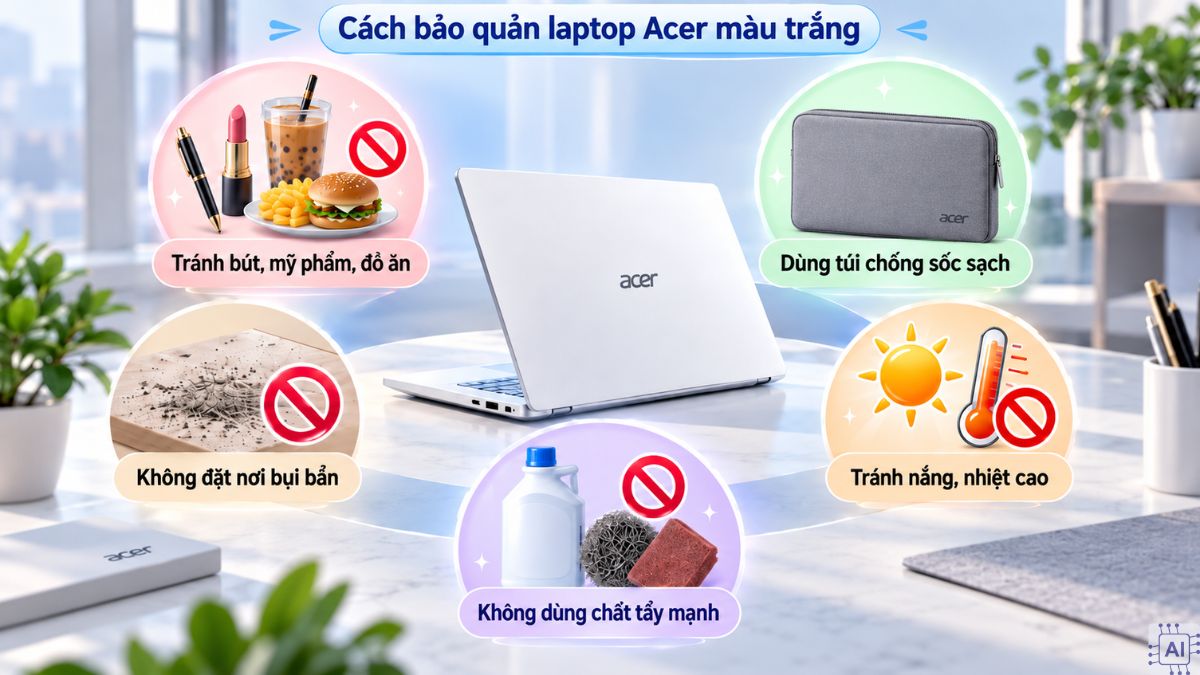 Cách bảo quản laptop Acer màu trắng