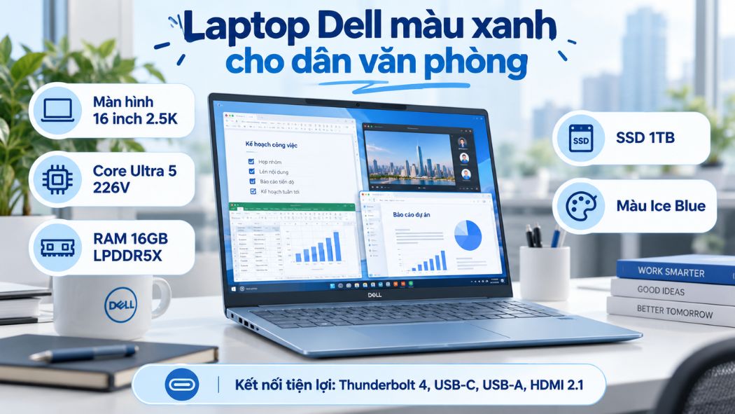 Laptop Dell màu xanh cho dân văn phòng
