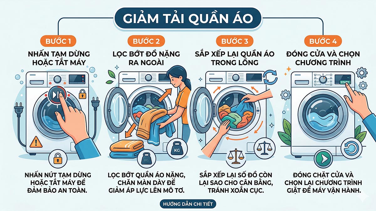 hướng dẫn kiểm tra và xử lý máy giặt đang giặt bị dừng - giảm tải quần áo