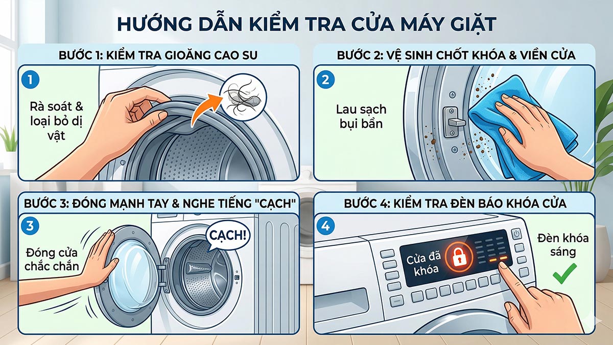 hướng dẫn kiểm tra và xử lý máy giặt đang giặt bị dừng - kiểm tra cửa máy giặt