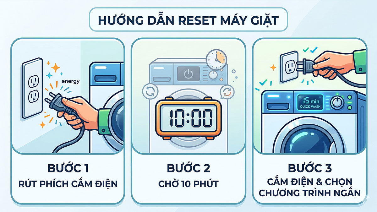 hướng dẫn kiểm tra và xử lý máy giặt đang giặt bị dừng - reset máy giặt