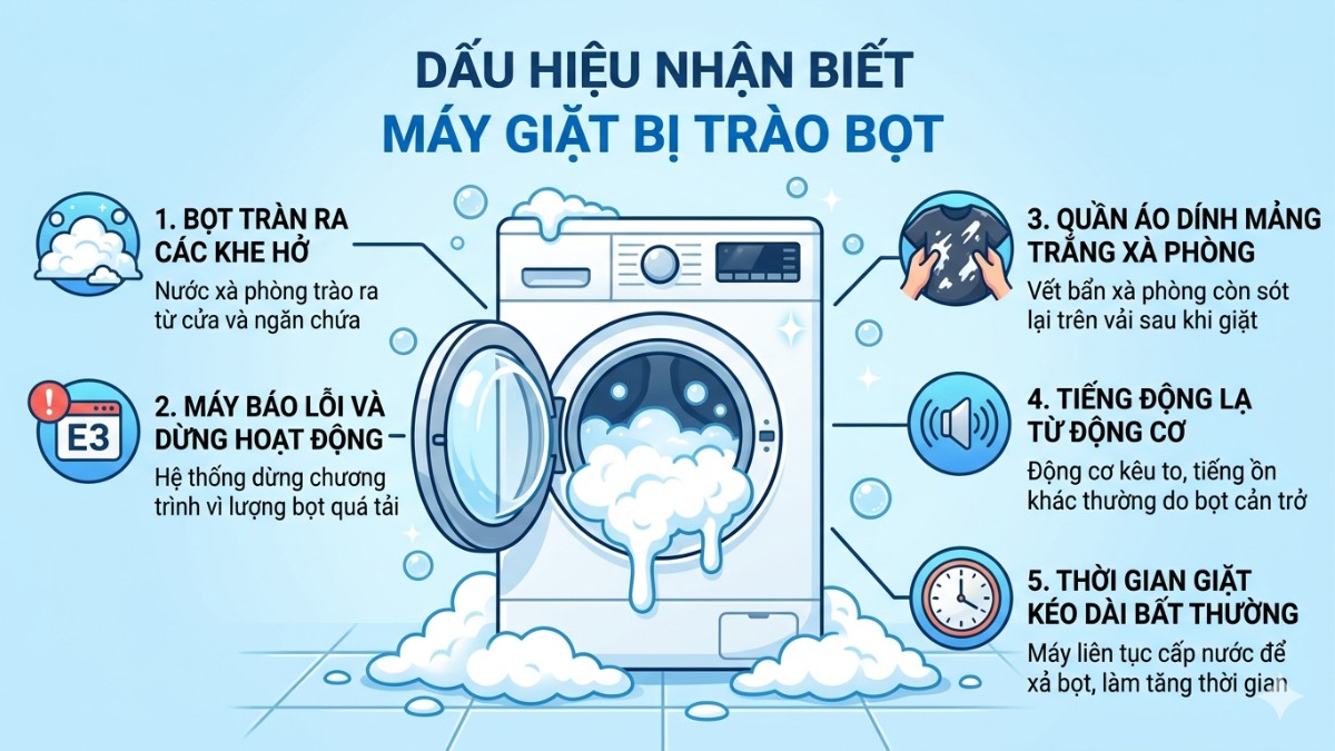 Dấu hiệu nhận biết máy giặt bị trào bọt