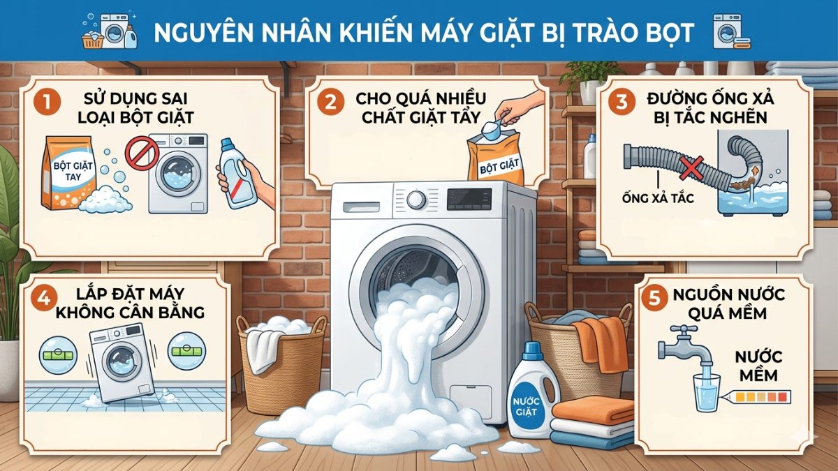 Nguyên nhân khiến máy giặt bị trào bọt