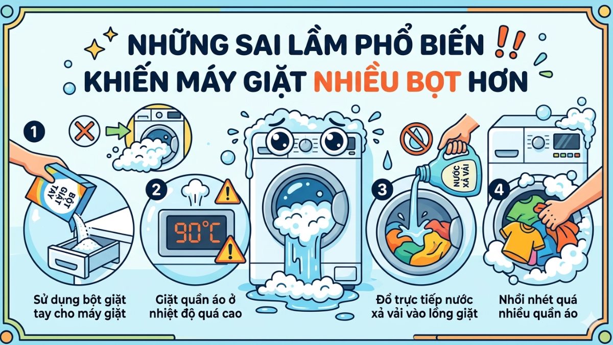Những sai lầm phổ biến khiến máy giặt nhiều bọt hơn