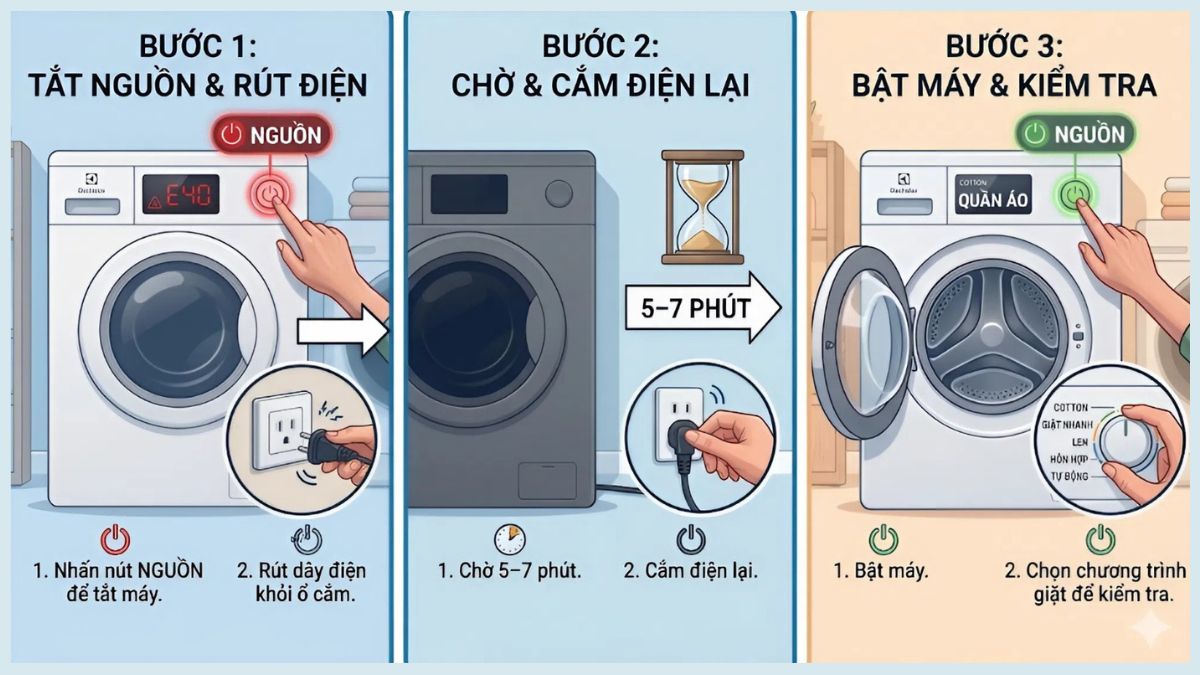 Cách xử lý máy giặt Electrolux không mở được cửa - tắt nguồn và reset máy giặt