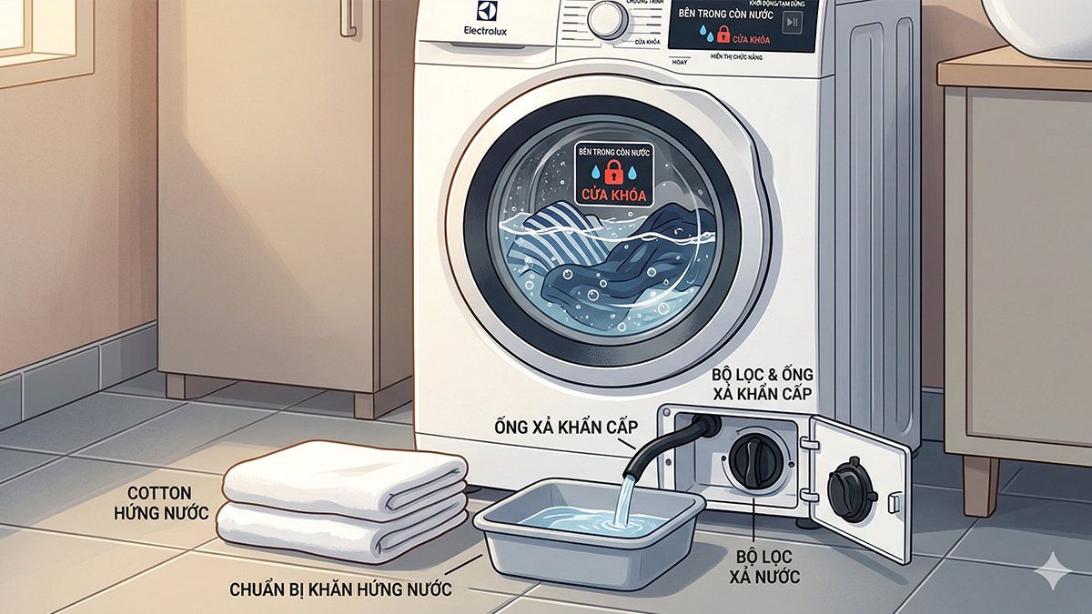 Cách xử lý máy giặt Electrolux không mở được cửa - xả nước khẩn cấp