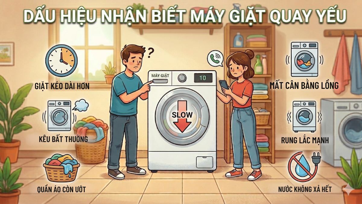 Dấu hiệu nhận biết máy giặt quay yếu