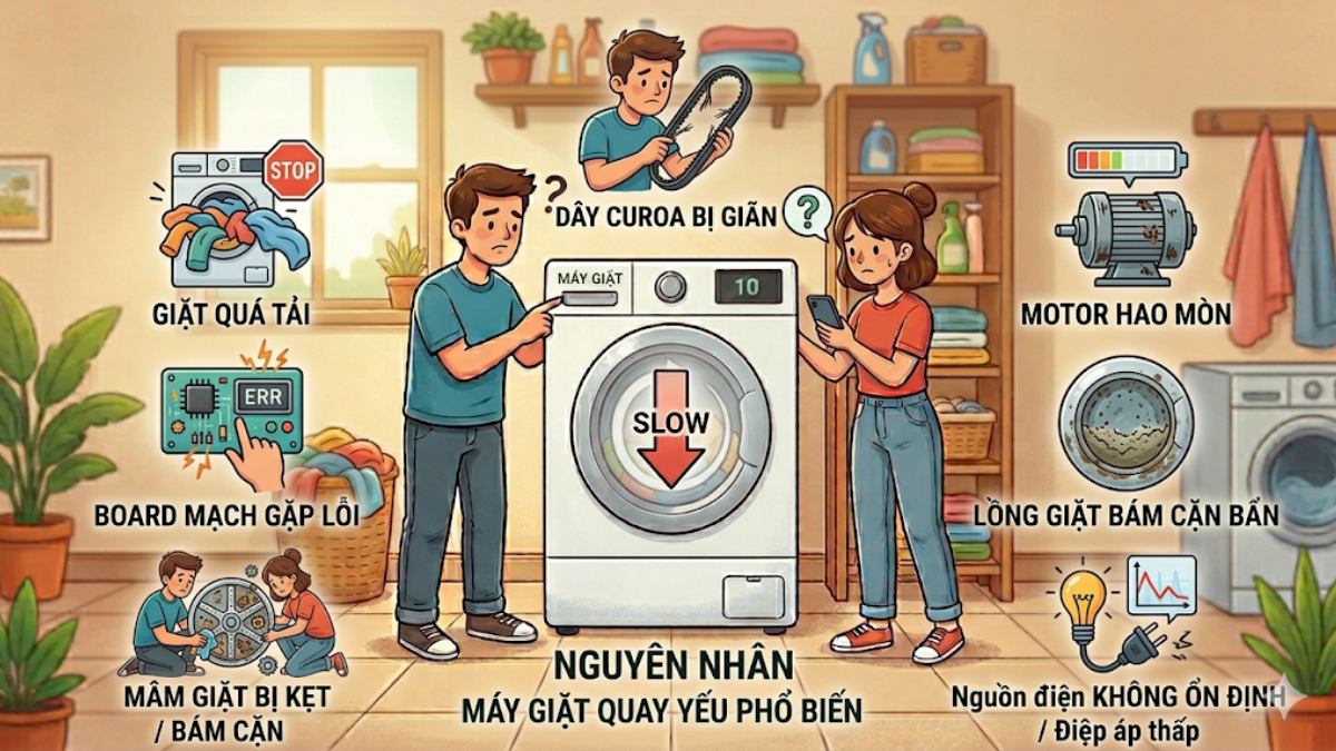 Nguyên nhân máy giặt quay yếu phổ biến