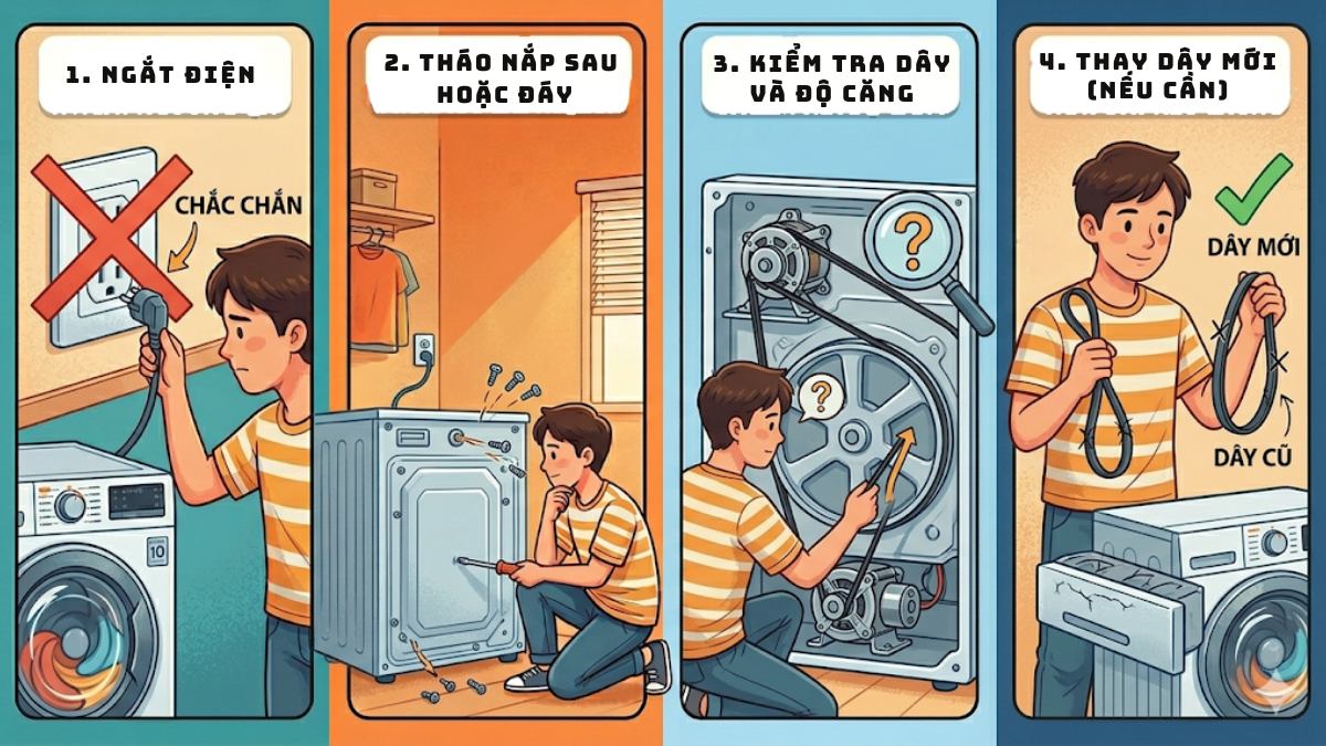 Cách kiểm tra máy giặt quay yếu tại nhà - kiểm tra dây curoa