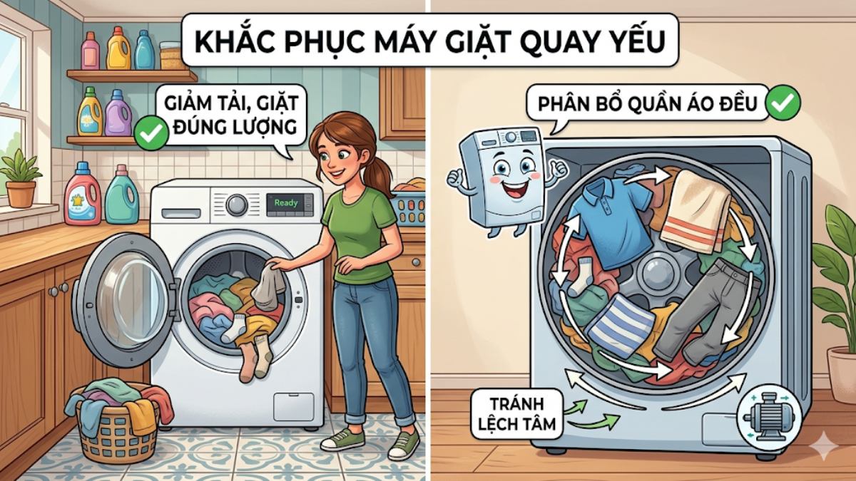 Cách khắc phục máy giặt quay yếu - giảm tải và phân bổ quần áo hợp lý
