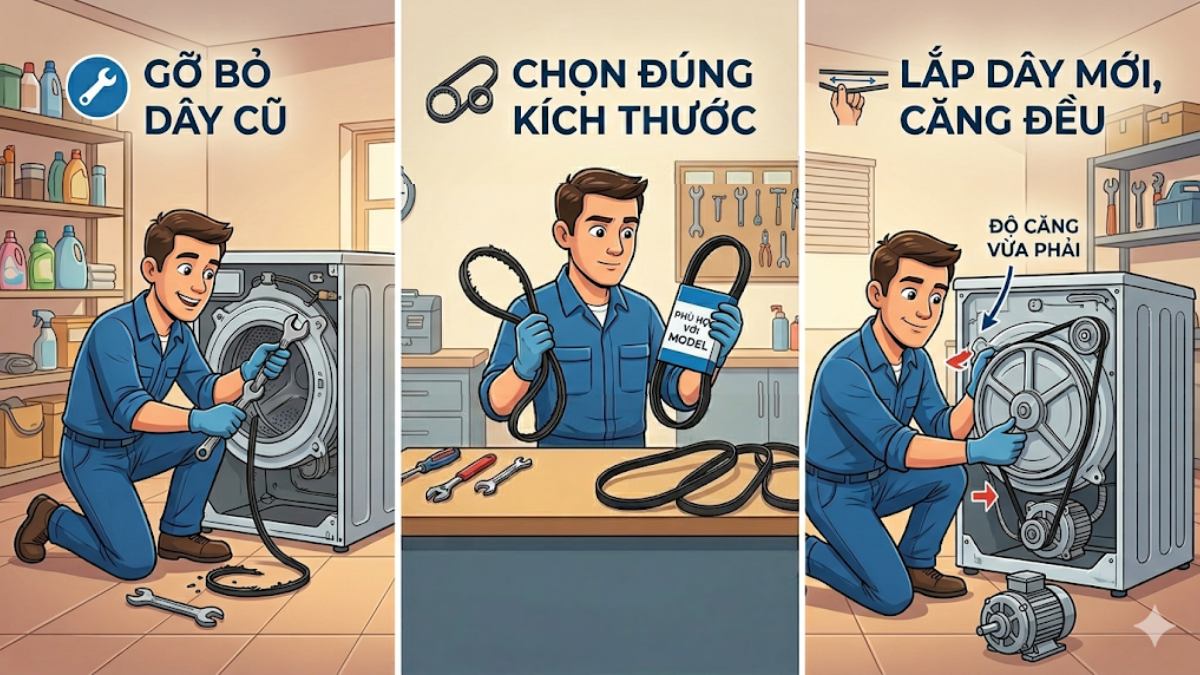 Cách khắc phục máy giặt quay yếu - thay dây curoa mới