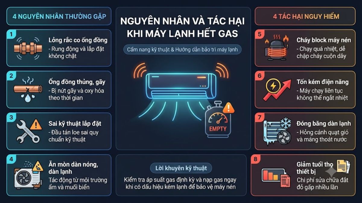Nguyên nhân và tác hại khi máy lạnh hết gas