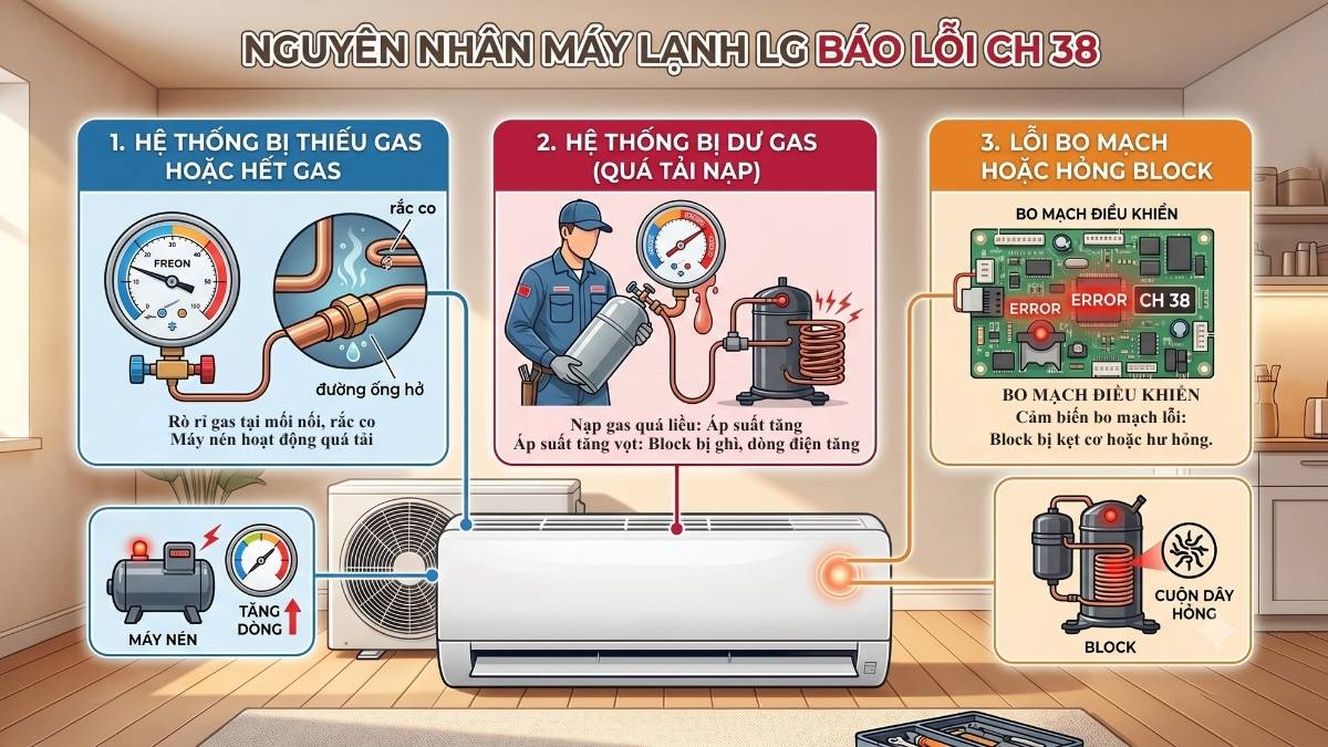 Nguyên nhân máy lạnh LG báo lỗi CH 38