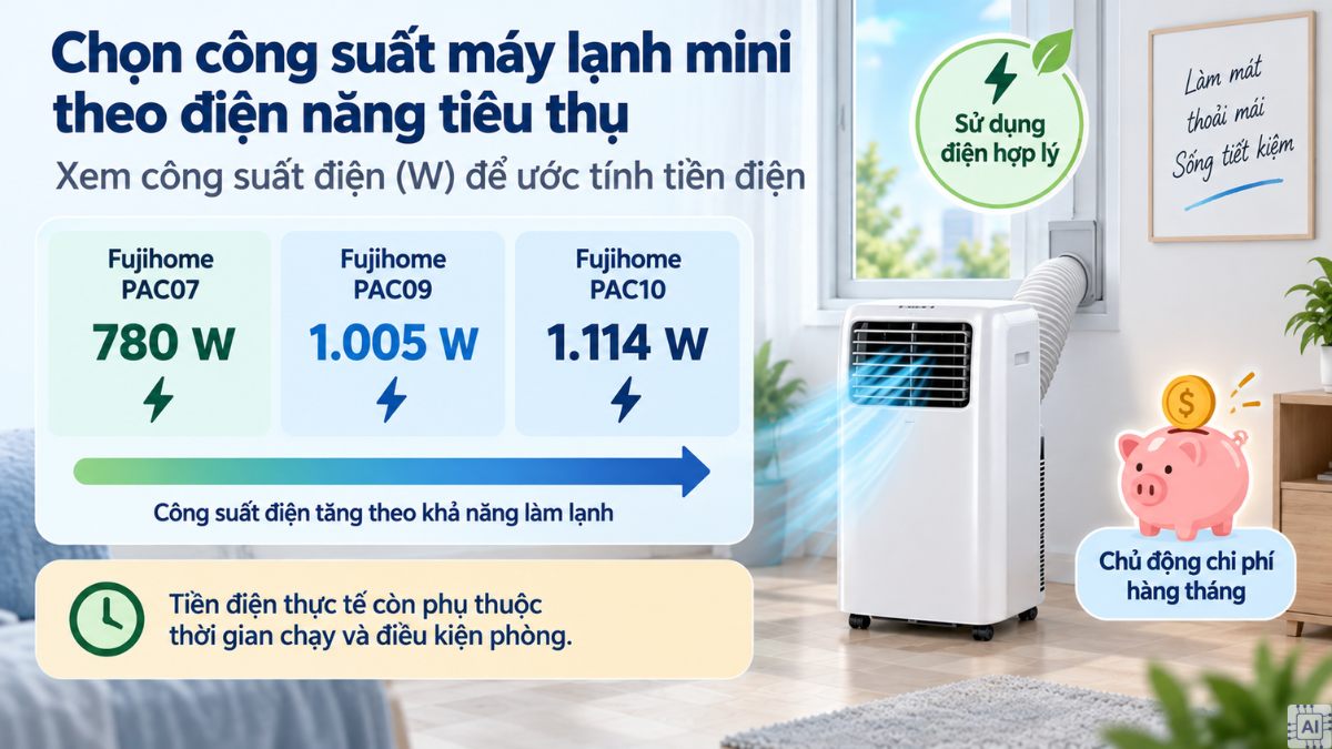 Tiêu chí chọn công suất máy lạnh mini cho phòng nhỏ theo diện tích - điện năng tiêu thụ