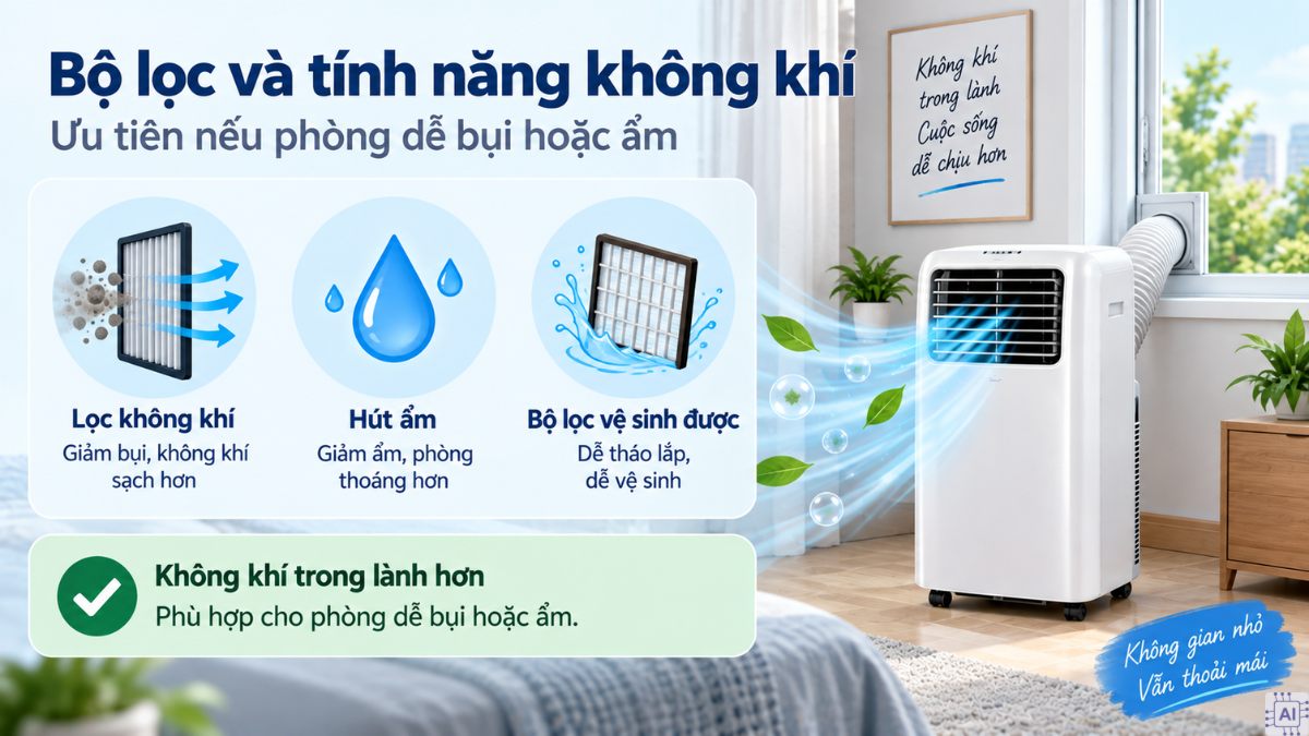 Tiêu chí chọn công suất máy lạnh mini cho phòng nhỏ theo diện tích - bộ lọc và tính năng không khí