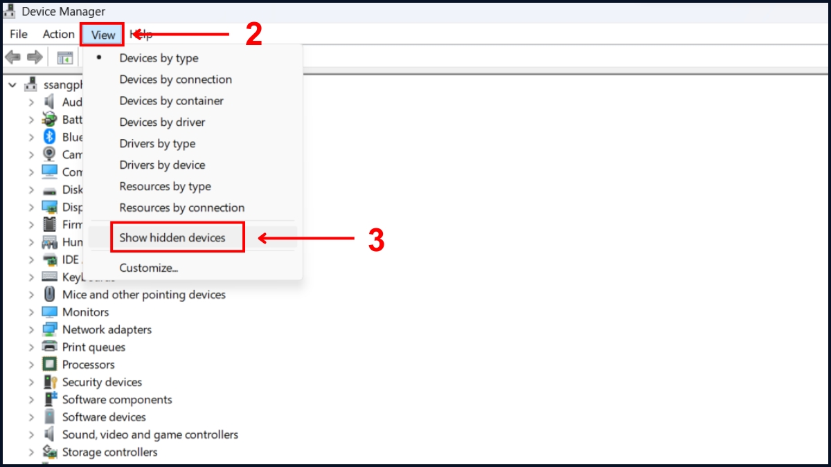 khắc phục lỗi máy tính không nhận card màn hình bằng hiển thị các thiết bị ẩn bước 2