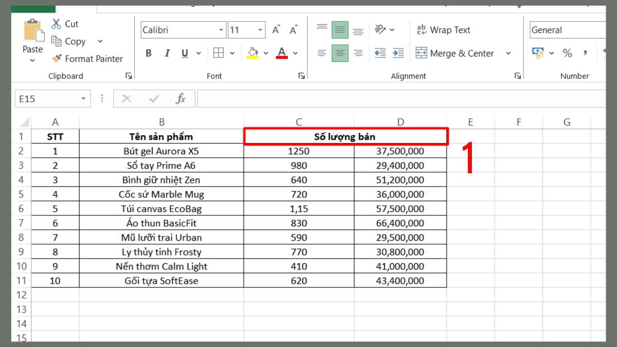 Hủy hợp nhất các ô trong bảng tính MS Excel bước 1