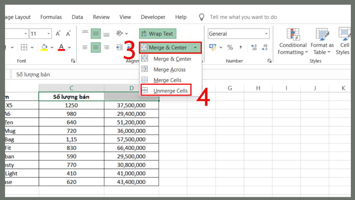 Hủy hợp nhất các ô trong bảng tính MS Excel bước 3