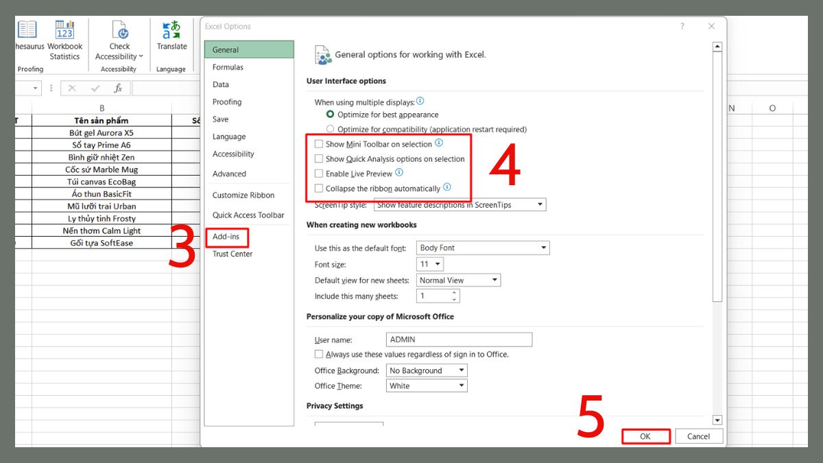 Loại bỏ các add-Ins, add-ons trong Excel bước 3
